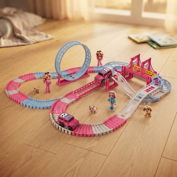 Pink Battery-Operated Toy Race Track Playset featuring colorful tracks, cars, and playful figures.