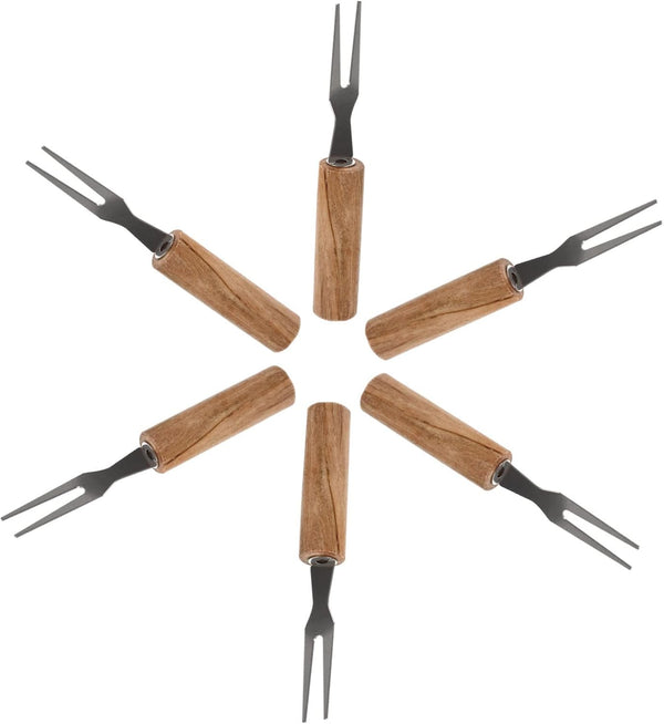 Set of 6 Stainless Steel Fruit Forks with Wooden Handles arranged in a circle showcasing their stylish design and functionality.