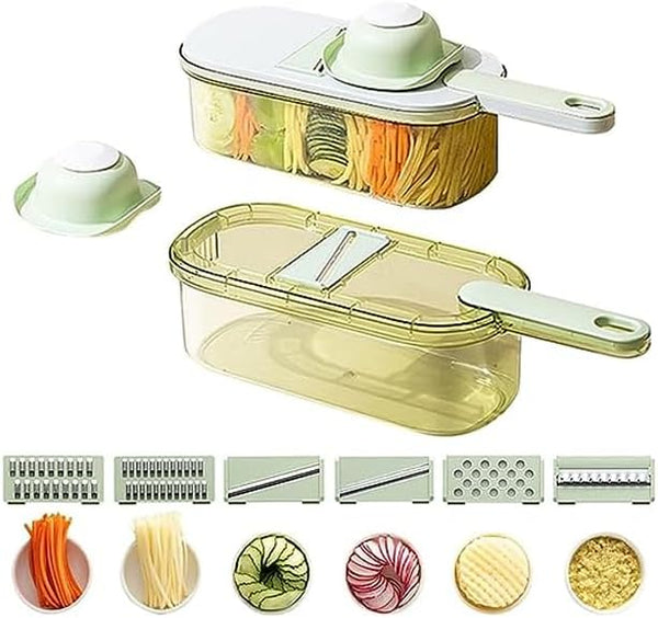 Multifunctional Vegetable Chopper with various blades for chopping, slicing, and dicing vegetables in one compact unit.