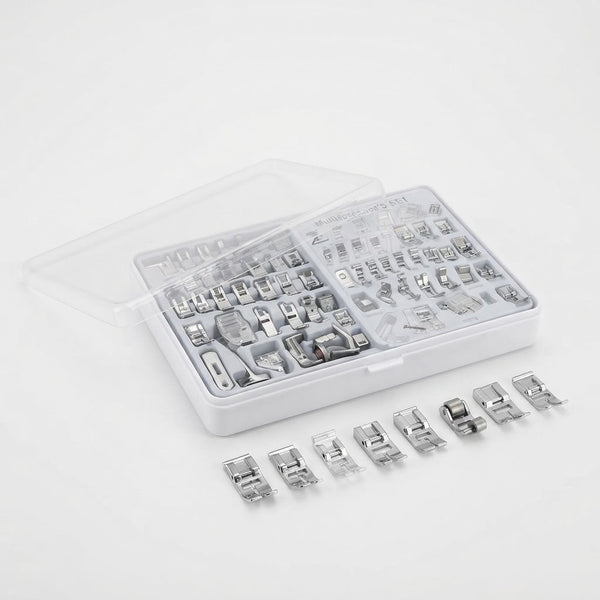42-Piece Domestic Sewing Machine Presser Feet Set with various specialized attachment feet in a transparent storage case.