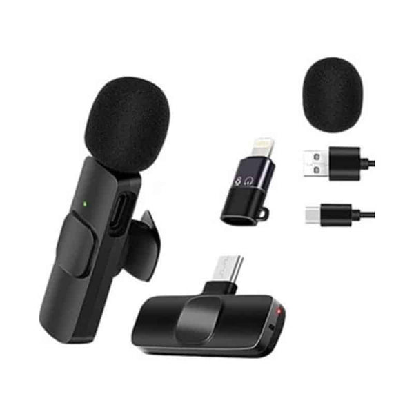 The Wireless Lavalier Microphone for iPhone & iPad with accessories including USB cables and receiver.