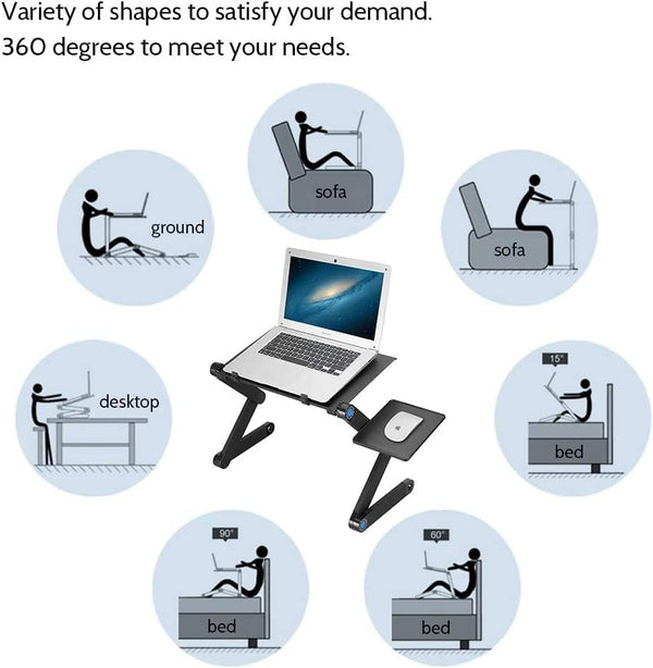 Adjustable Laptop Desk displaying ergonomic positions for use on a sofa, desktop, bed, and more.