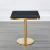 Square Marble Effect Dining Table with Gold Pedestal Base showcasing a sleek black marble top and polished gold pedestal.