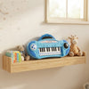 Blue 22-Key Battery-Operated Toy Keyboard Piano placed on a shelf with toys and books in a child's room.