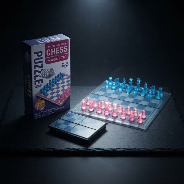 Mini Magnetic Chess Set with Folding Board displayed with colorful pieces and packaging on a dark background.