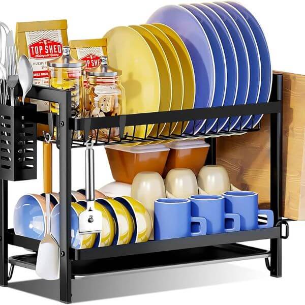 Perfect Dealz 2 Tier Stainless Steel Dish Drainer with Utensil Holder and Hooks