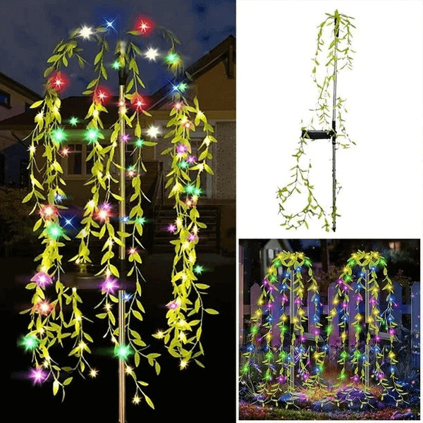 4-Piece Garden Solar Lights showcase colorful LED vines illuminating a garden at night.