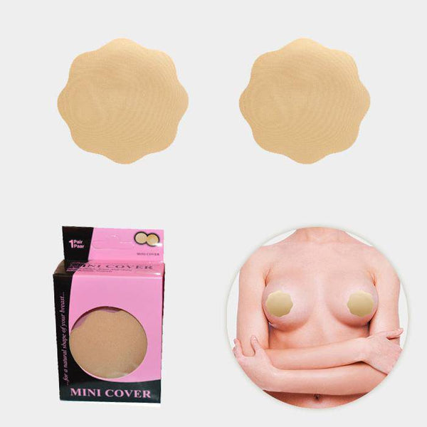 Mini Breast Nipple Covers displayed with packaging and application on a model for discreet modesty.
