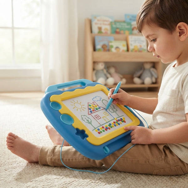 Child using a Magnetic Drawing Board with Carry Handle, creating colorful drawings and enjoying mess-free creative play.