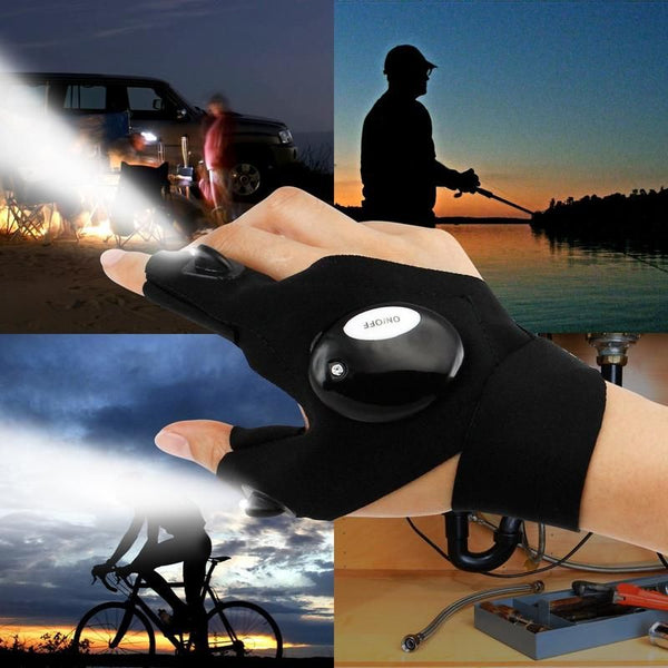 LED Summer Half-Finger Work & Outdoor Gloves providing illumination during various low-light activities.