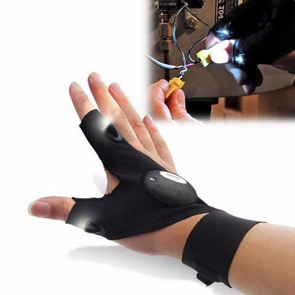LED Summer Half-Finger Work & Outdoor Gloves providing illumination for hands during low-light tasks.