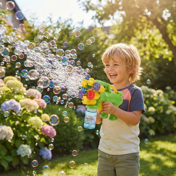 A child joyfully using a 4-Head Bubble Gun Toy to create a stream of bubbles in a sunny garden.