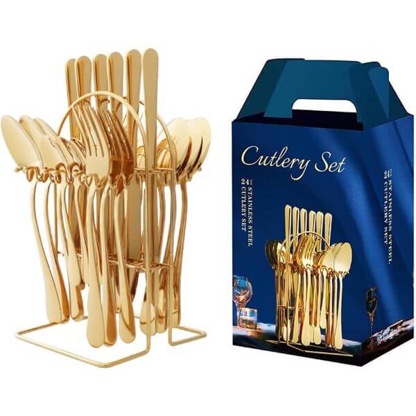 Perfect Dealz 24 Piece Gold Stainless Steel Tableware Cutlery Set with Display Stand