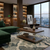 Rectangle Wooden Top Coffee Table featured in a modern living room with stylish decor and city view.
