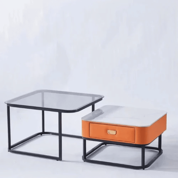 Elegant Coffee Table Set showcasing a modern nesting design with glass and orange accent pieces.