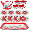 Floral 15-Piece Kids Tin Tea Set with Carrying Case featuring a kettle, cups, plates, and a tray designed with vibrant flower patterns.