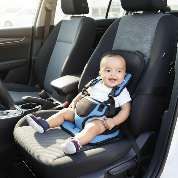 Baby sitting comfortably in a car seat with a Breathable Anti-Slip Baby Car Seat Cushion, ensuring safety during travel.
