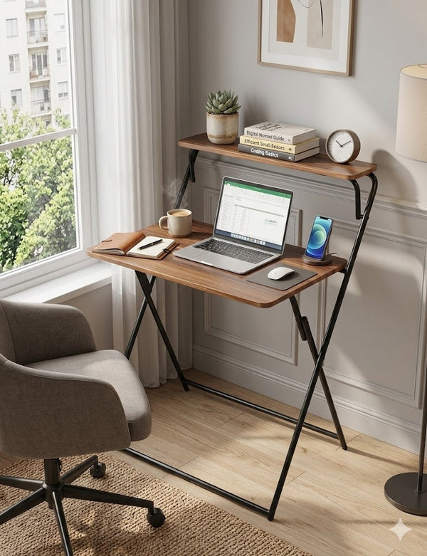 Folding 2-Tier Wall Mounted Desk with laptop and books in a modern room, perfect for compact spaces.