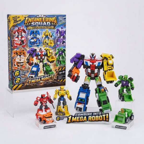 6-in-1 Engineering Squad Robot Vehicle Set with transformable construction vehicles and combined mega robot display.