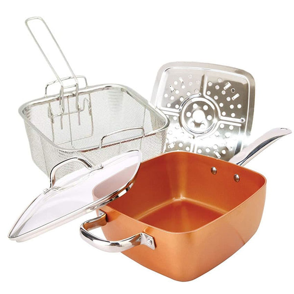 5Pcs Set Deep Dish Square Pan 9.5'' featuring a copper cooking pot, steaming basket, and glass lid for versatile meal preparation.