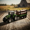 Farm Model Die-Cast Metal Series Toy Set featuring a green tractor hauling logs on a wooden trailer.