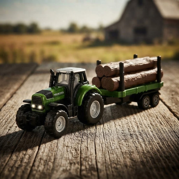 Farm Model Die-Cast Metal Series Toy Set featuring a green tractor hauling logs on a wooden trailer.