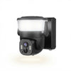 Solar-Powered Security Camera with Integrated LED Floodlight mounted on a wall with bright illumination.