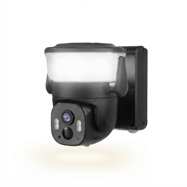 Solar-Powered Security Camera with Integrated LED Floodlight mounted on a wall with bright illumination.