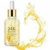 24K Gold Face Serum 30ml in a clear bottle with gold flakes, designed for hydration and radiance.