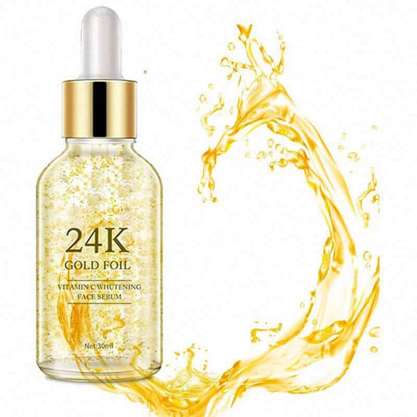 24K Gold Face Serum 30ml in a clear bottle with gold flakes, designed for hydration and radiance.