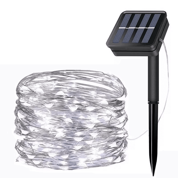 Solar-Powered LED String Lights 10M with solar panel and clear lights for outdoor decoration.