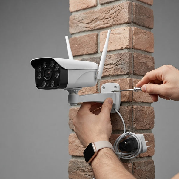 Installing the XY Wi-Fi Cam OD30 Bullet Security Camera Unit on a brick wall for outdoor surveillance.