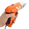 Hand holding a 45pcs Cordless Rechargeable Screwdriver, showcasing its ergonomic design and charging port.