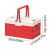 Foldable Plastic Camping Storage Box dimensions and design in red and white colors with a handle for easy carrying.