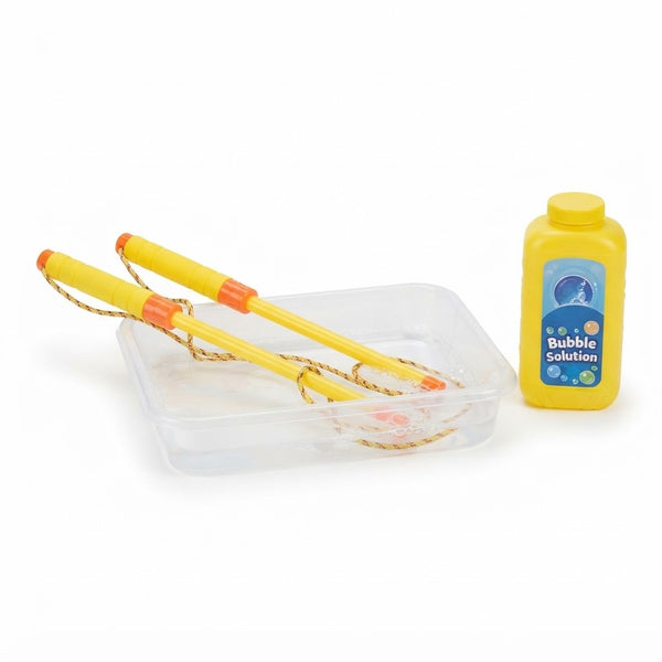 Double Bubble Giant Bubble Wand with bubble solution and tray for outdoor fun.