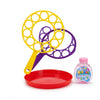Bubble Wand and Tray Set featuring yellow and purple bubble wands with bubble solution and a red tray for outdoor fun.