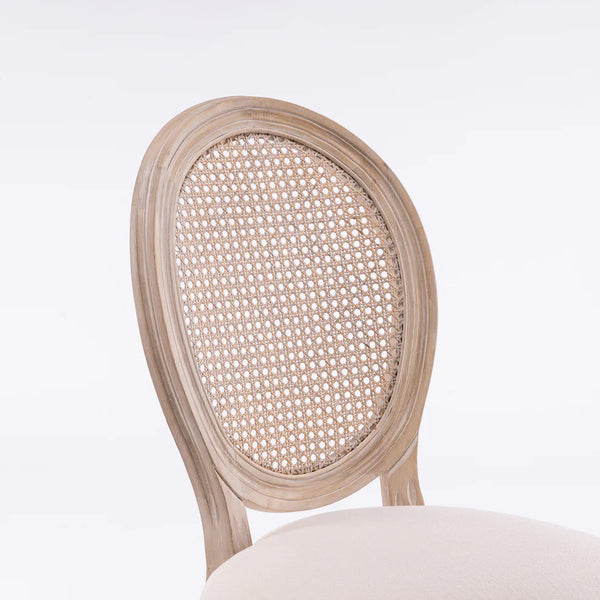 Vintage French Dining Chair with Rattan Back - Elegant rattan backrest detail.