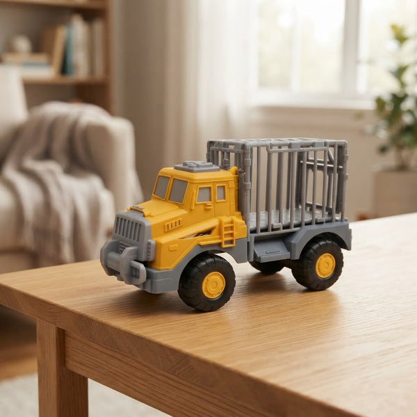 Friction-Powered Utility Cargo Truck Toy in a playroom setting, showcasing its bright yellow design and sturdy build.
