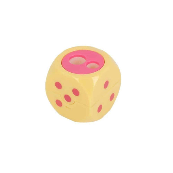24 pcs Dice-Shaped Pencil Sharpener in playful yellow design with pink accents and dice pattern for fun stationery use.