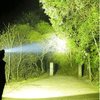 Light beam from USB Rechargeable Waterproof LED Headlamp illuminating a path in a dark forest.
