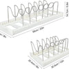 Adjustable Pots and Pans Organizer showing two sizes with metal dividers for kitchen organization.