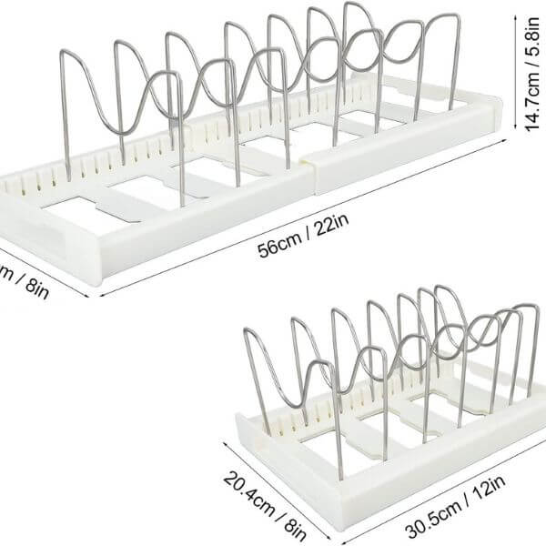 Adjustable Pots and Pans Organizer showing two sizes with metal dividers for kitchen organization.