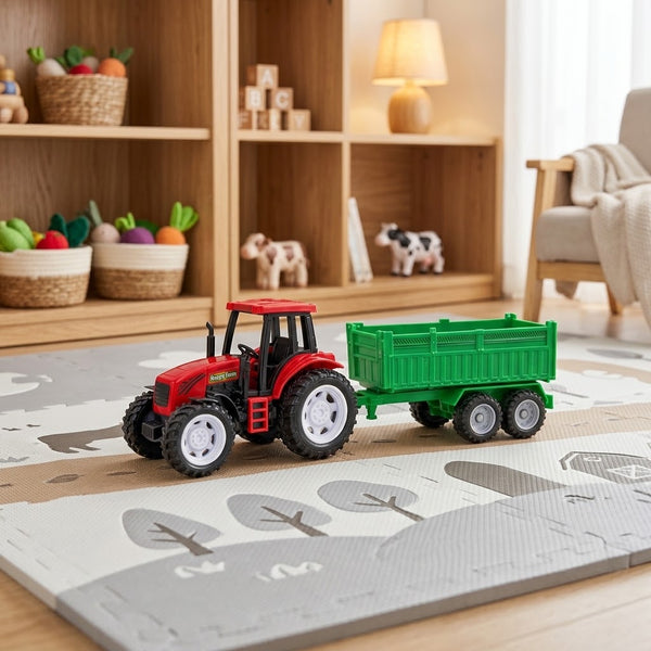 Plastic Farm Tractor Toy with Detachable Green Trailer on a play mat in a cozy room setting.