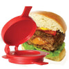 Burger Maker with red mold beside a delicious cheeseburger in a bun, showcasing easy burger patty shaping.