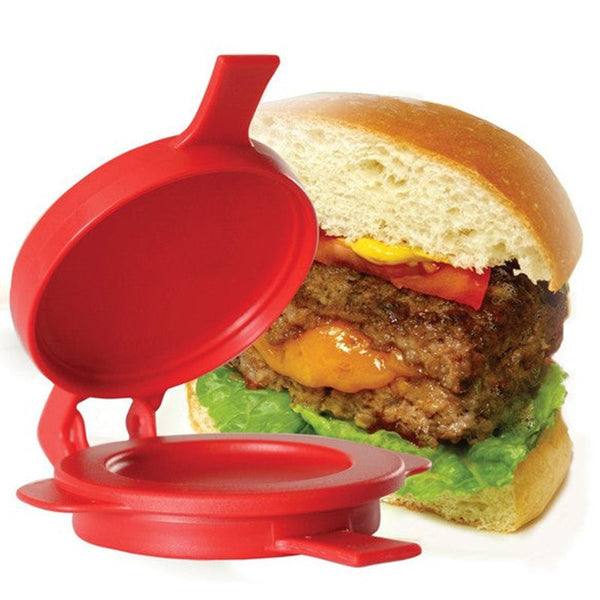 Burger Maker with red mold beside a delicious cheeseburger in a bun, showcasing easy burger patty shaping.