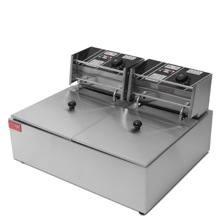 6.0L Stainless Steel Double Electric Deep Fryer with dual frying chambers for efficient cooking.