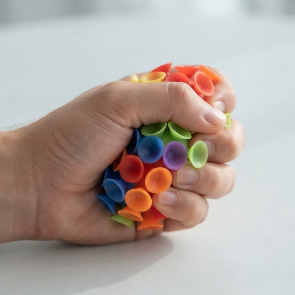 Hand squeezing a 5cm Multi-Color Suction Cup Stress Ball Toy for tactile stress relief.