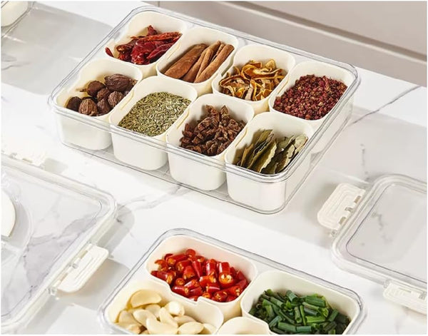 6-Compartment Snack Box with Lid filled with various spices and snacks, showcasing organized food storage.
