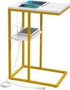 C Shaped Side Table with Charging Station featuring a sleek design, charging cables, and space for books and devices.