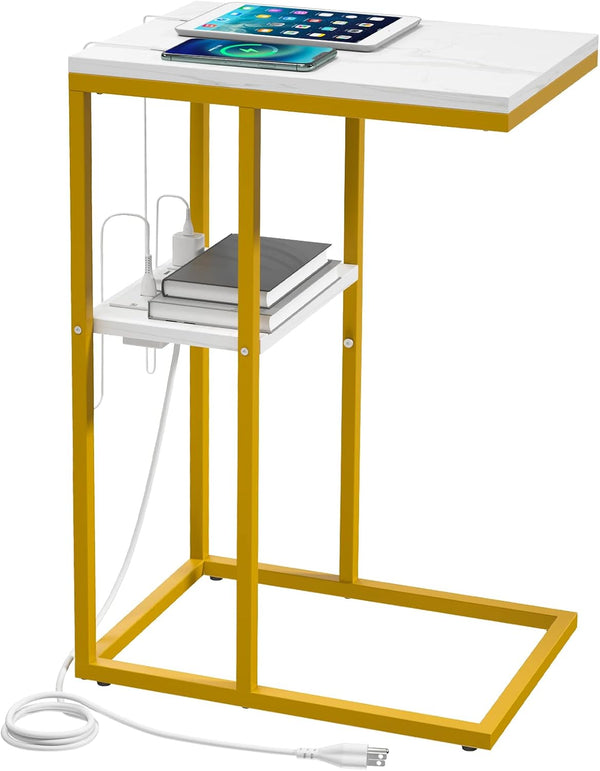C Shaped Side Table with Charging Station featuring a sleek design, charging cables, and space for books and devices.